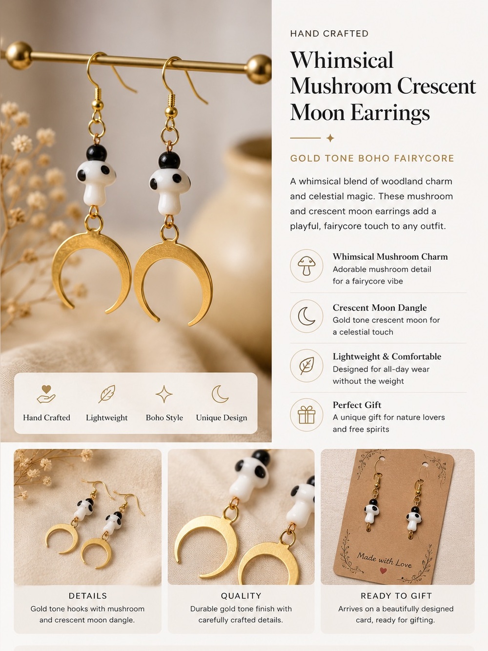Whimsical Mushroom Crescent Moon Earrings Dangle Gold Tone Boho Fairycore